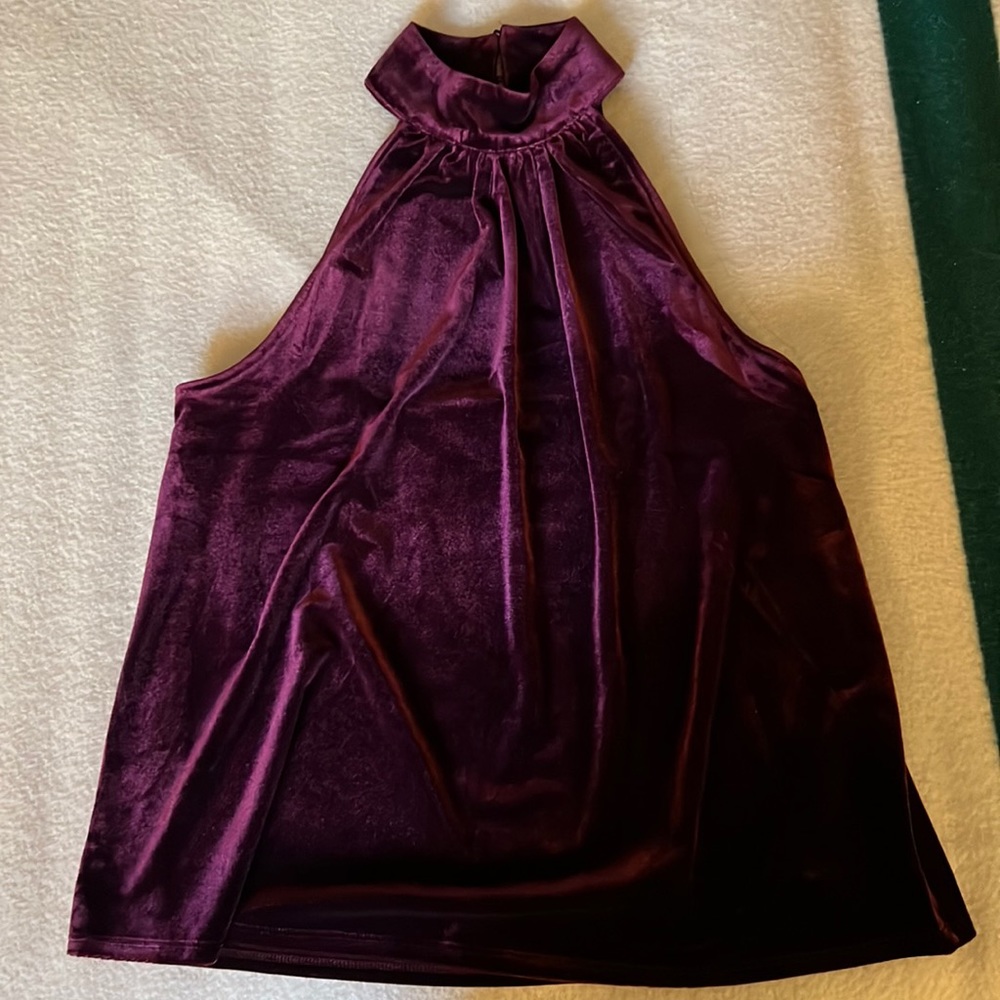 1.State Halter Tie Back Halter Velvet Top in Port color